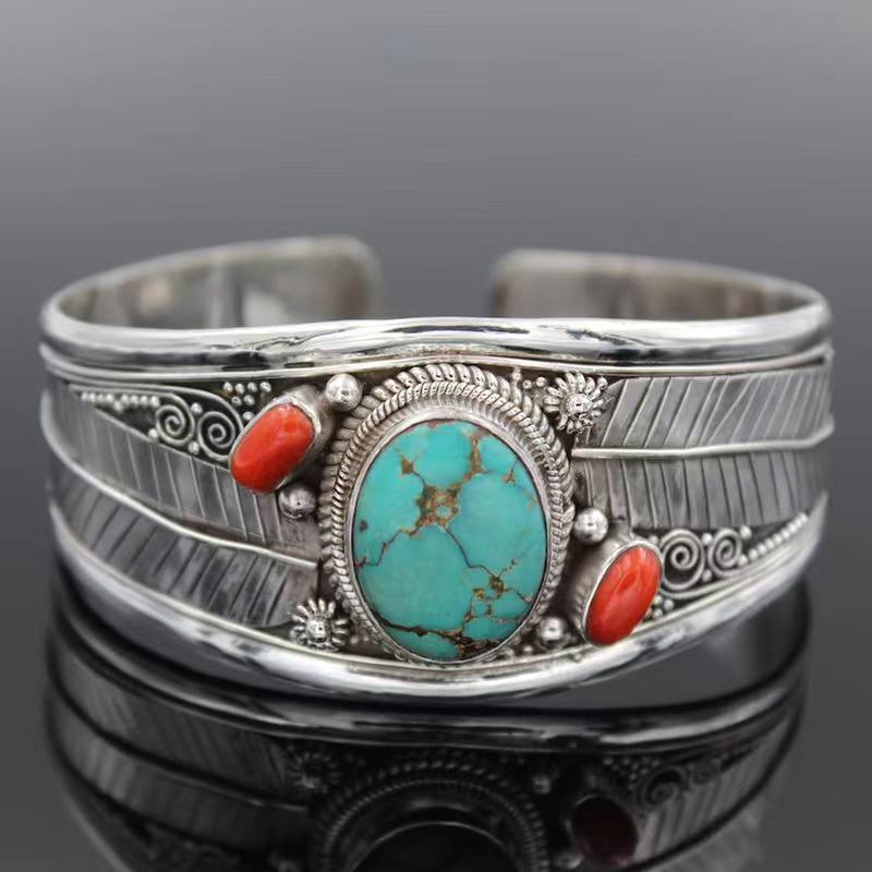 Vintage Turquoise and Orange Oval Adjustable Statement Bangle Bracelet