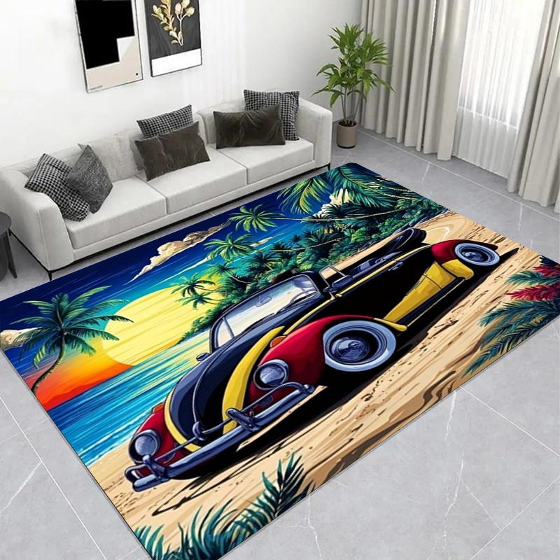 Cool Purple Sports Car Area Rug, Flame Racing Style Living Room Carpet, Non-Slip Soft Floor Mat for Game Room & Garage Decor