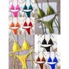 Sexy Pure Color Bikini Set with Strap Ne Hanging Pad Metal Bule Two-Piece Swimsuit Triangular Design Polyester Nylon Mate...