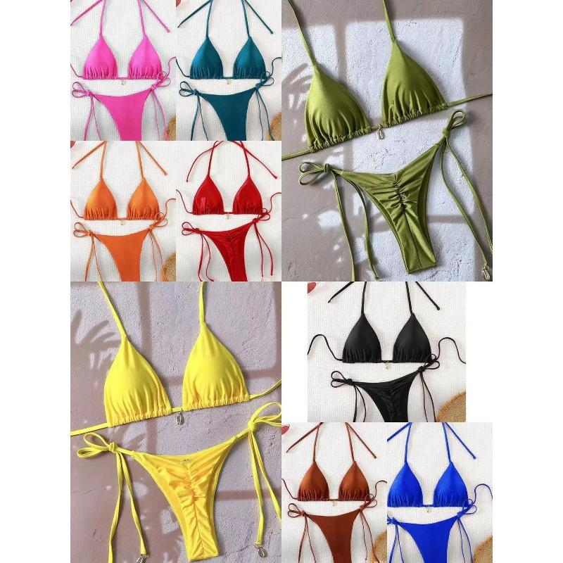 Sexy Pure Color Bikini Set with Strap Ne Hanging Pad Metal Bule Two-Piece Swimsuit Triangular Design Polyester Nylon Mate...