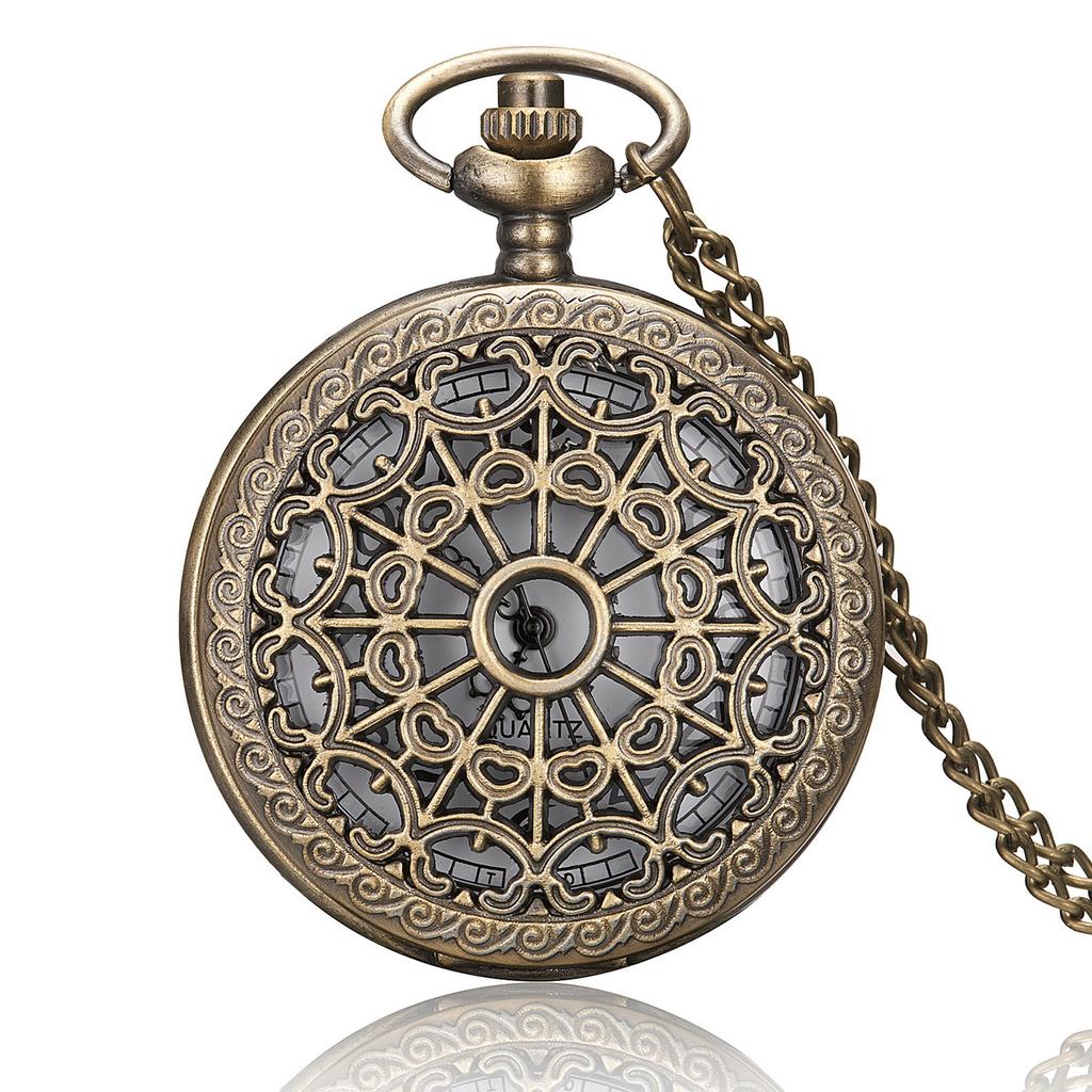 Vintage Antique Copper Quartz Pocket Watch, with Chain, Spider Web Engraving Design, Nostalgic Commemorative Style
