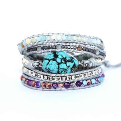 1 Stück Boho Lederarmband für Damen Einzigartig Gemischt Natürlicher Amethyst Türkis Achatsteine 5 Stränge Wickel Handgefertigter Schmuck Geschenk