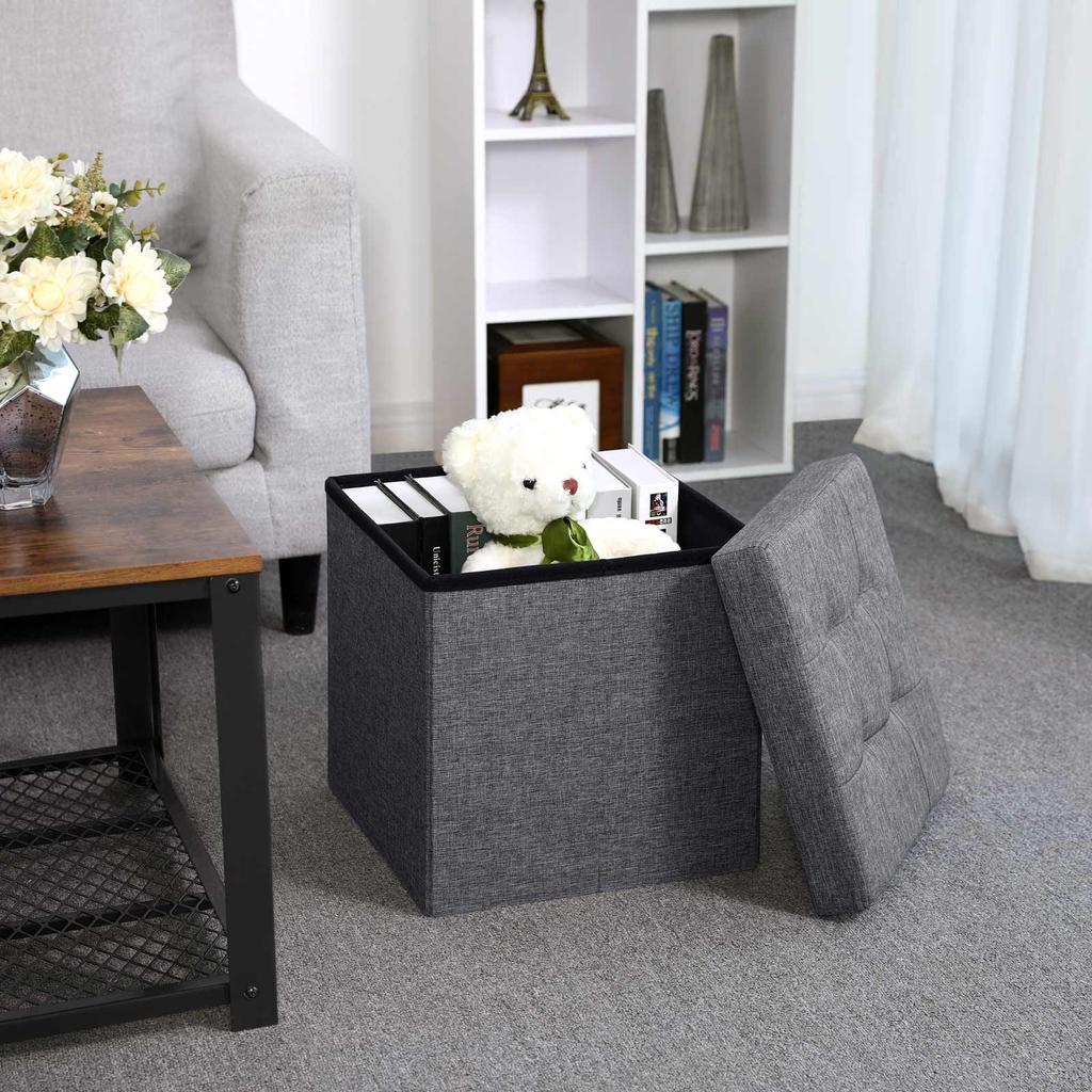 SONGMICS Folding Storage Ottoman Stool Footrest and Textile Linen Dark Grey 38 x 38 x 38 cm lsf27z
