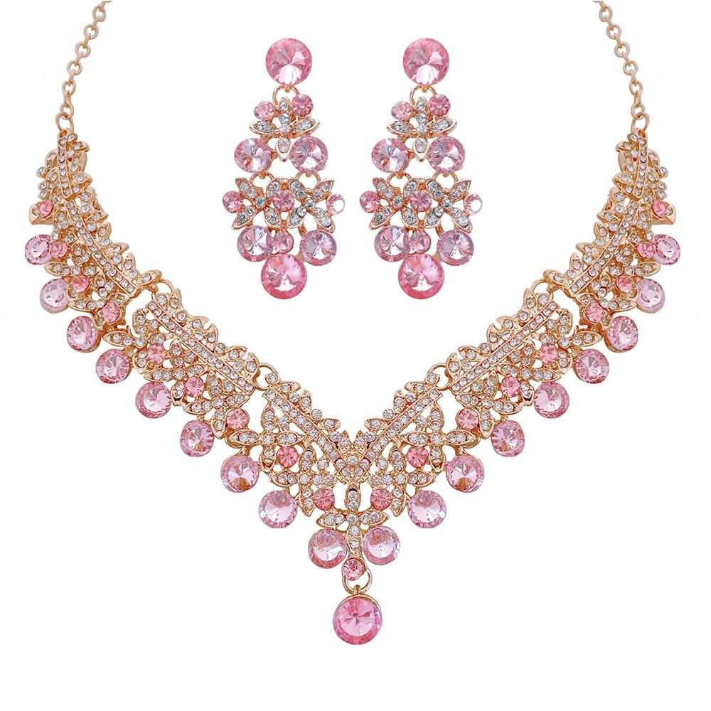 Exquisite Colored Rhinestone Necklace Earrings Set Party Dress Accessories Necklace