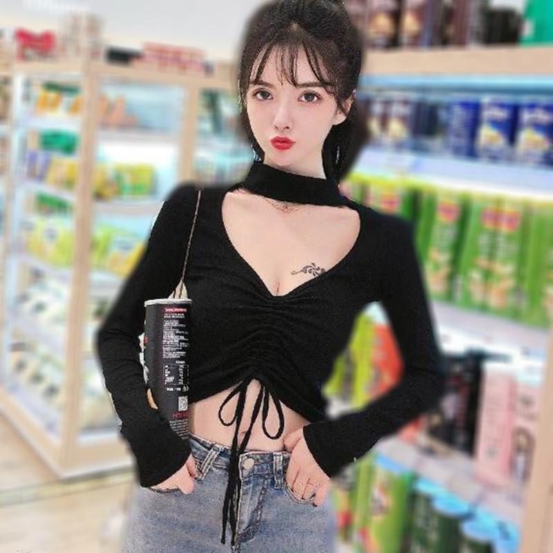 Women's T Shirt Camiseta Mujer Casual Long Sleeve Solid V-neck Crop Tops Woman Fashion Drawstring Bottom Top Tee Shirt Femme