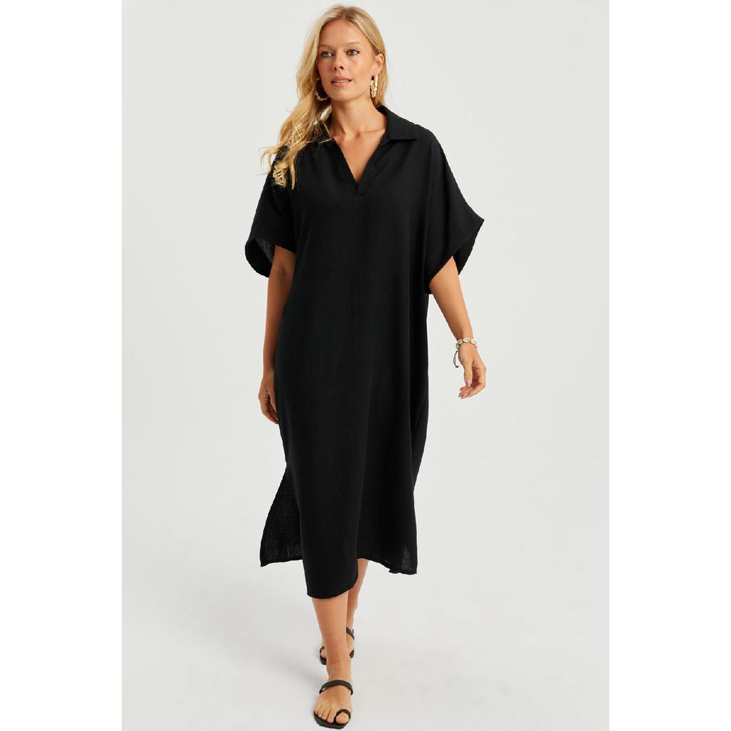 Women's Black Linen Midi Dress Dmr85