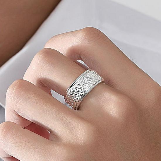 99 Sterling Silver Woven Men's Rotating Index Ring - Large Size, Ethnic Style, Personalized Trendy Design