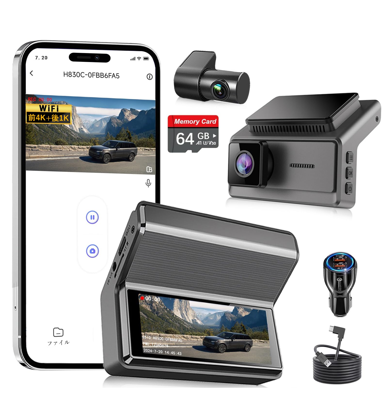 

NISEKO Dash 4K Front and Rear Cameras with Adjustable Front Rotating Rear Compact Car Camera with Full HD 8 HDR Interior Audio Power Compatible with