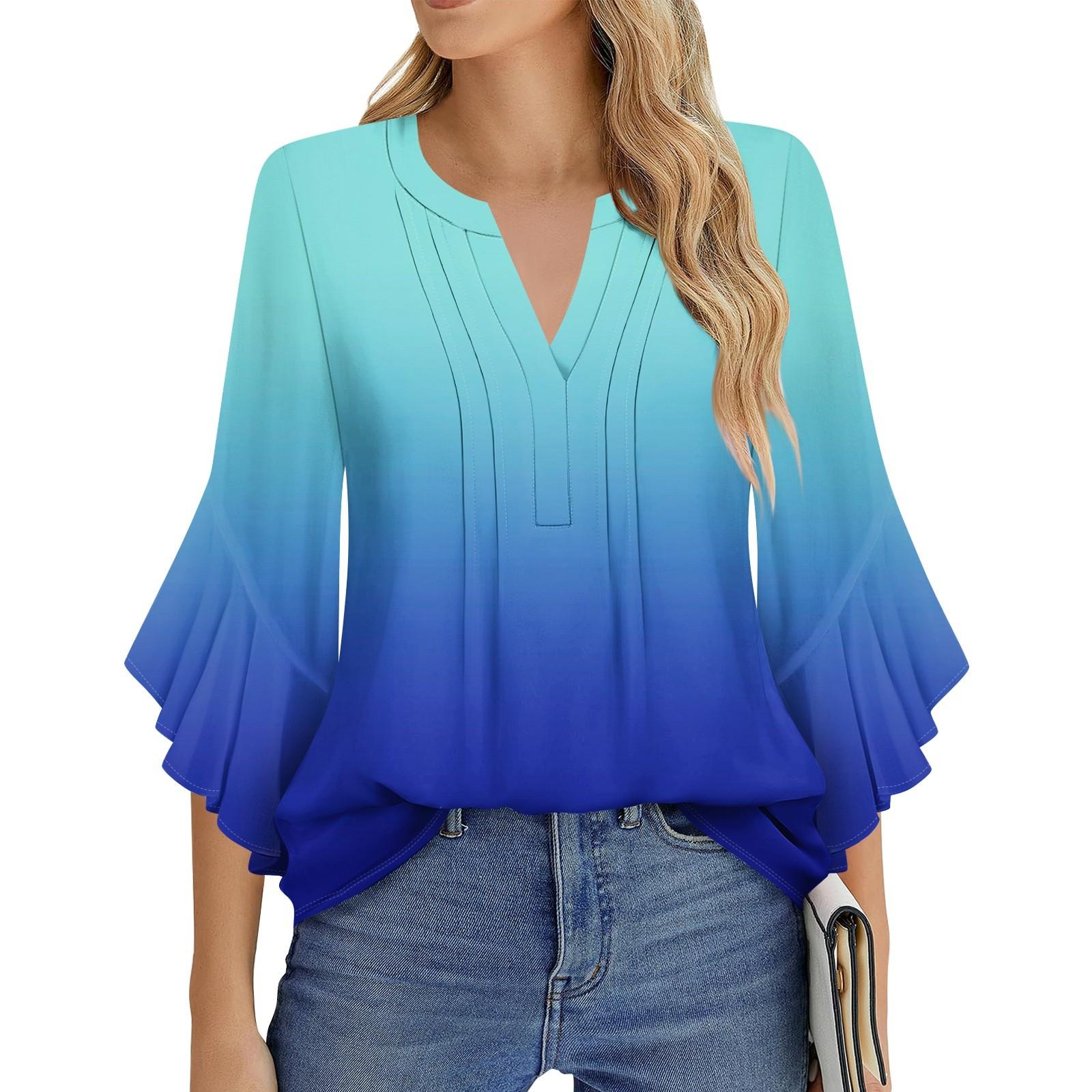 

Женская Мода Повседневная Плиссированная Футболка с V-образным Вырезом Однотонная Рукав Три Четверти Элегантный Топ S синий