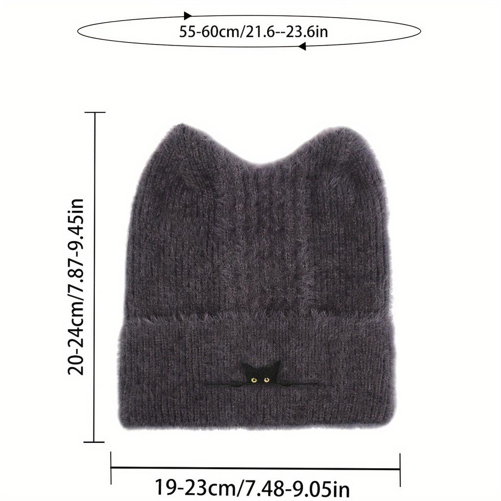 1PC Black Cat Wool Hat - Thickened Warm Earmuff Winter Knitted Hat, Soft Elastic Neutral Design