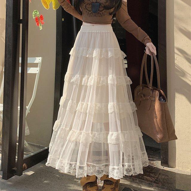 

Qooth Lace Embroidered Tulle Skirt Tiered Cake Midi Skirt French Romantic Style QT2848 білий