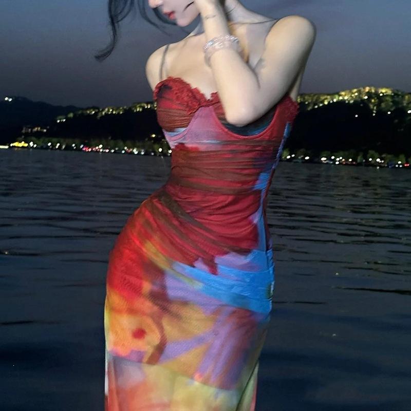 2026 European and American women's clothing summer new casual painted printing sexy suspender slim hip dress women