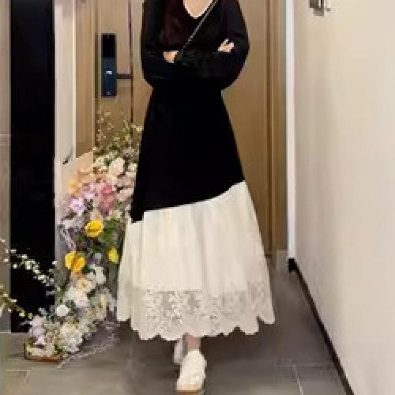 

Кружевное платье во французском стиле, женское, новый стиль ранней весны, синее платье-двойка, длинное XXL