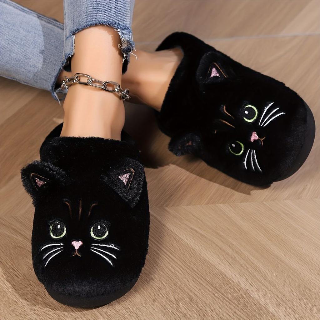 Black Soft Plush Open-Toed Cat Face Slippers for Indoor Comfort