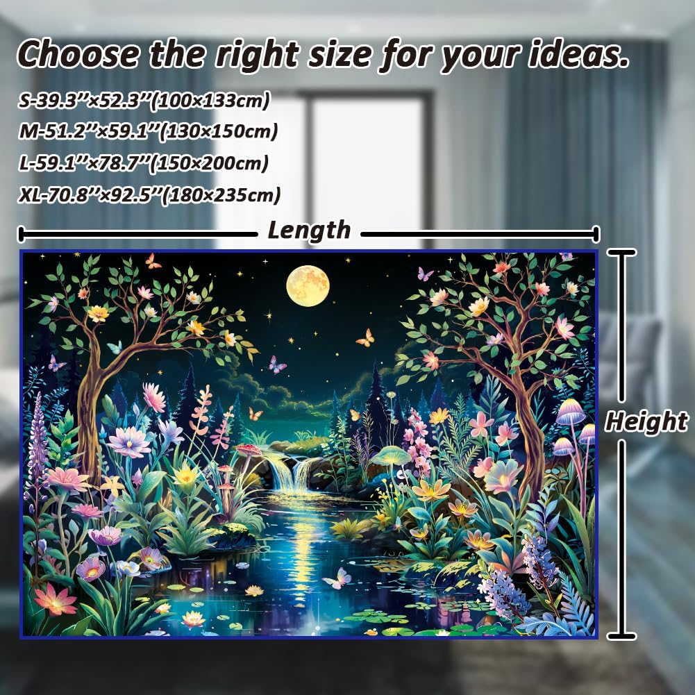 Serborlur Blacklight Fantasy Forest Tree Tapestry UV Reactive Floral Plant Tapestries Trippy Moon Butterfly Wall Art Decor Nature Landscape Wall
