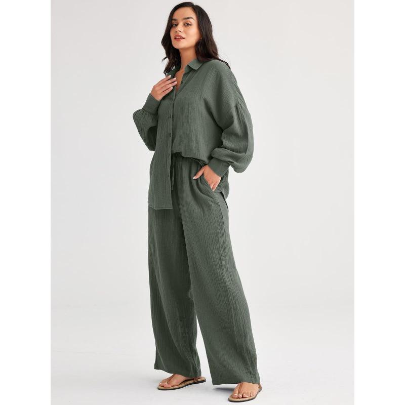 Women's Casual Long Sleeve Shirt and Wide Leg Pants Set In Multi Colors
