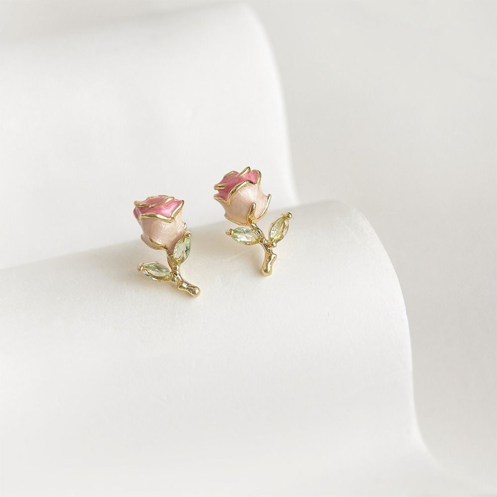 

925 Sterling Silver Needle Enamel Flower Earrings Party Jewelry Zircon Small Earrings Girls рожевий