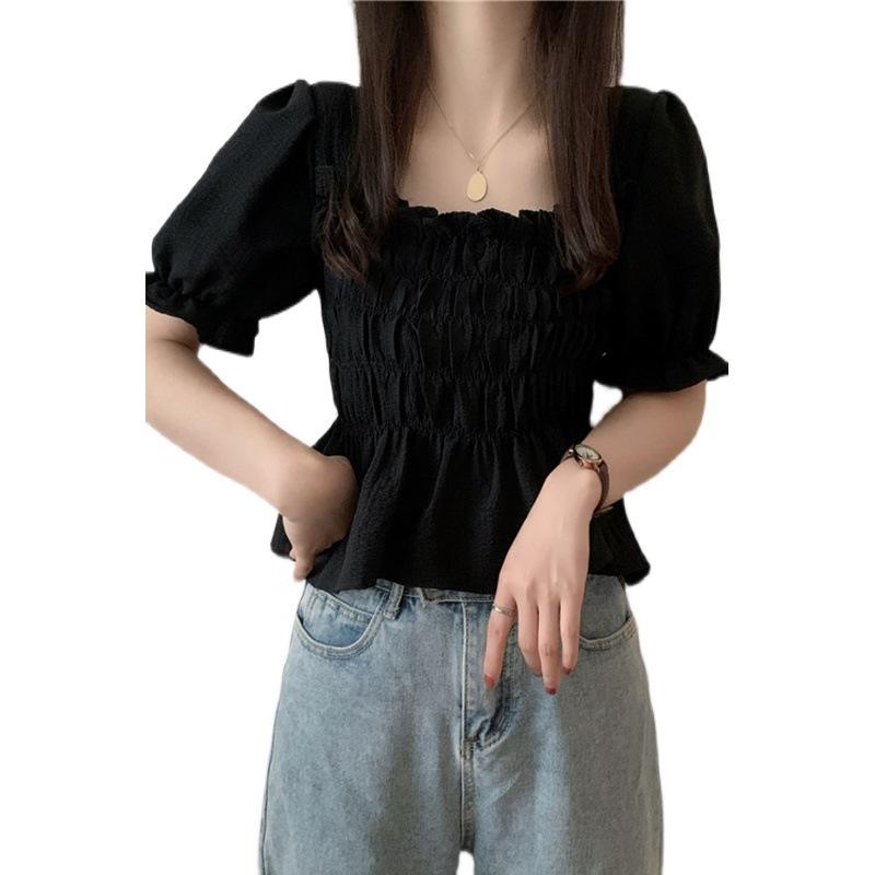 Summer New Korean Version Design Sense Niche Bubble Sleeves Waist Square Collar Short T-shirt Women