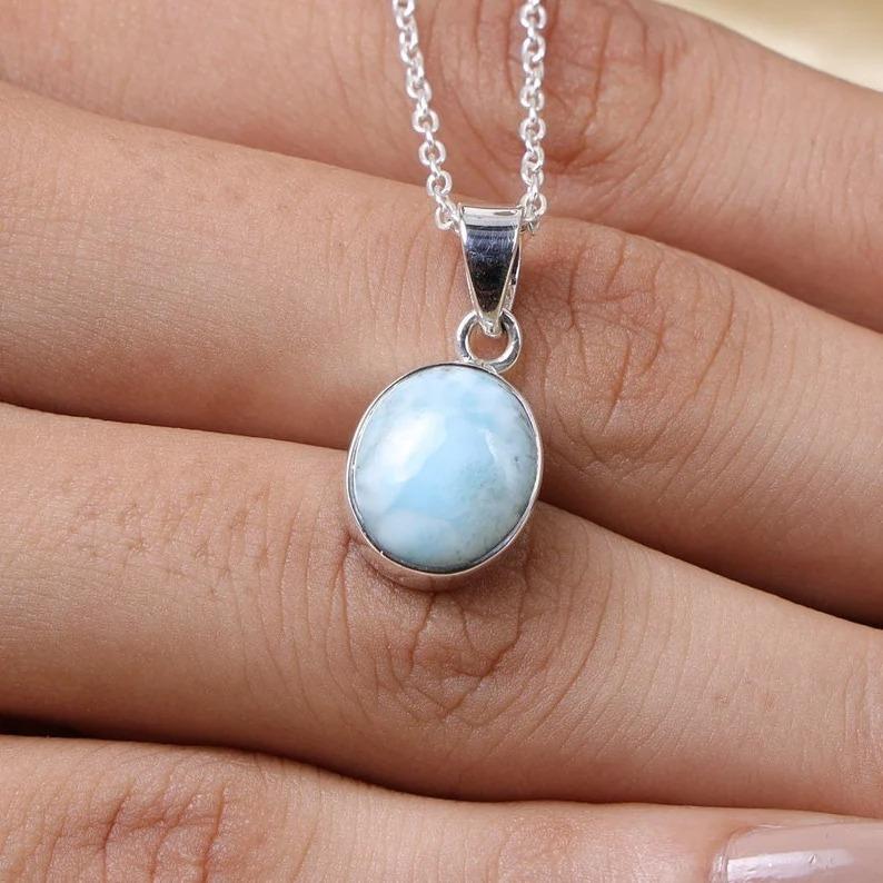 Natural Larimar Pendant Necklace, Handmade Jewelry, Reiki Pendant, Simple Necklace, Beautiful Gifts, 925 Sterling Silver