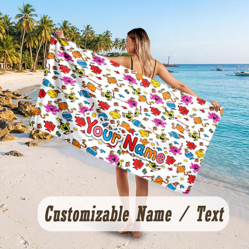 Personalized Beach Towel,Mr. Men & Little Miss Custom Printed Name Text, Super Absorbent Towel For Beach Vacation