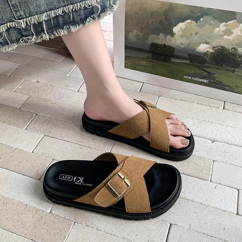 Fashion Shoes Female 2025 Open Toe Women's Slippers Hot Sale Casual Slippers Women Buckle Round Toe Flat with Platform Women's Sandals