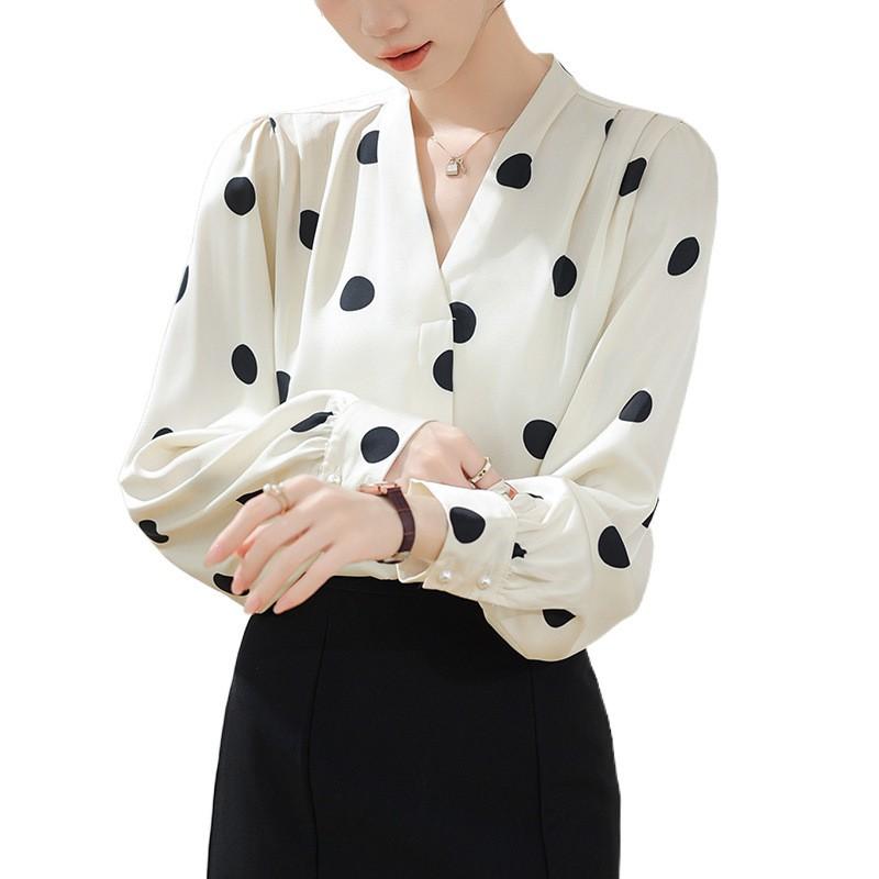 Womens Elegant Polka Dot Blouse Vintage Satin Shirt With Floral Ribbon Detail