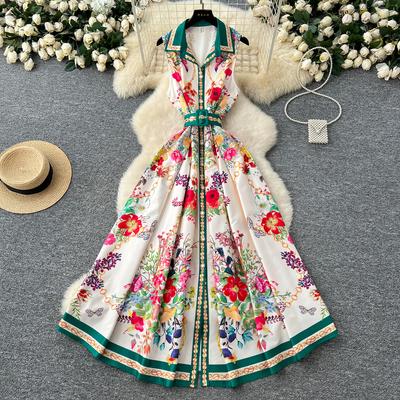 Sommer Damen Umlegekragen Vintage Print Laufstegkleid Ärmellos Lang Maxi Partykleider mit Gürtel