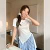 Korean design sense irregular hem strap-up front shoulder crew neck short-sleeved t-shirt women's summer new small top