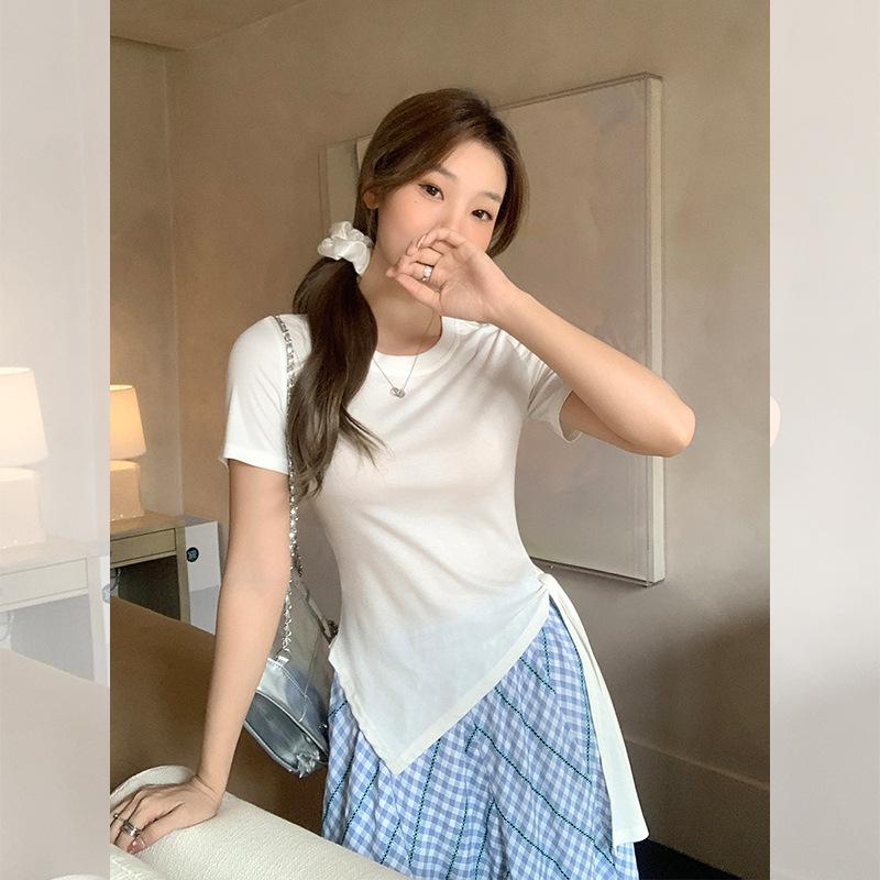 Korean design sense irregular hem strap-up front shoulder crew neck short-sleeved t-shirt women's summer new small top