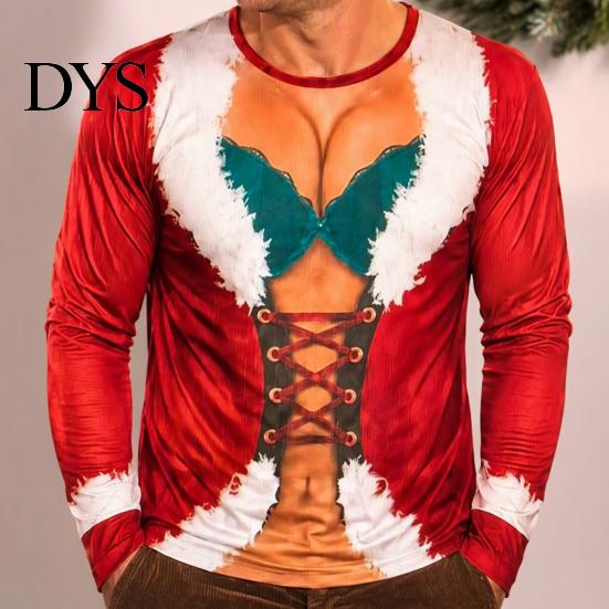 Holiday Themed Cosplay Funny Christmas Shirt, Hilarious 3D Fake Corset Chest Print Crew Neck Ugly Sweatshirt Pullover Top, Novelty Long Sleeve