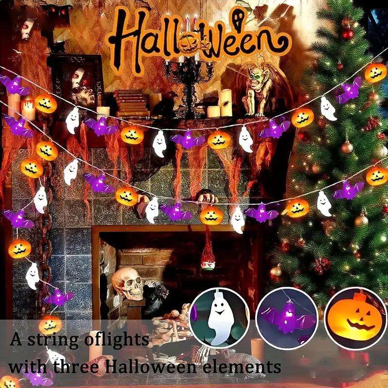 1pc Halloween Pumpkin Bat Ghost String Light 10/20/40LED Hanging Lamp Battery Powered For Home Bedroom Window Party Indoor Decor