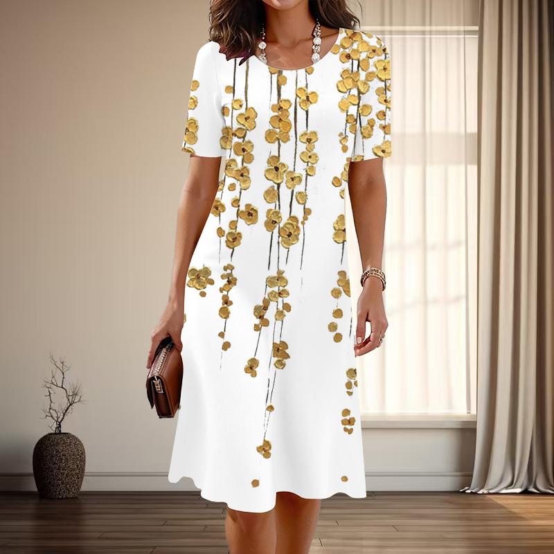 Women's Fashion Graceful Beautiful Flower Print Summer Spring Short Sleeve O-Neck Casual Dresses