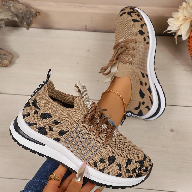 Fashion 2025 New Women Casual Shoes New Leopard Lace-up Sneakers Lightweight Mesh Breathable Casual Sports Shoes Women Running Shoes