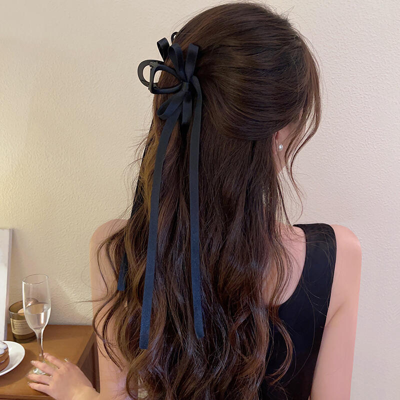 Half-updo, double-braided, ribbon clip, long ribbon hairpin black