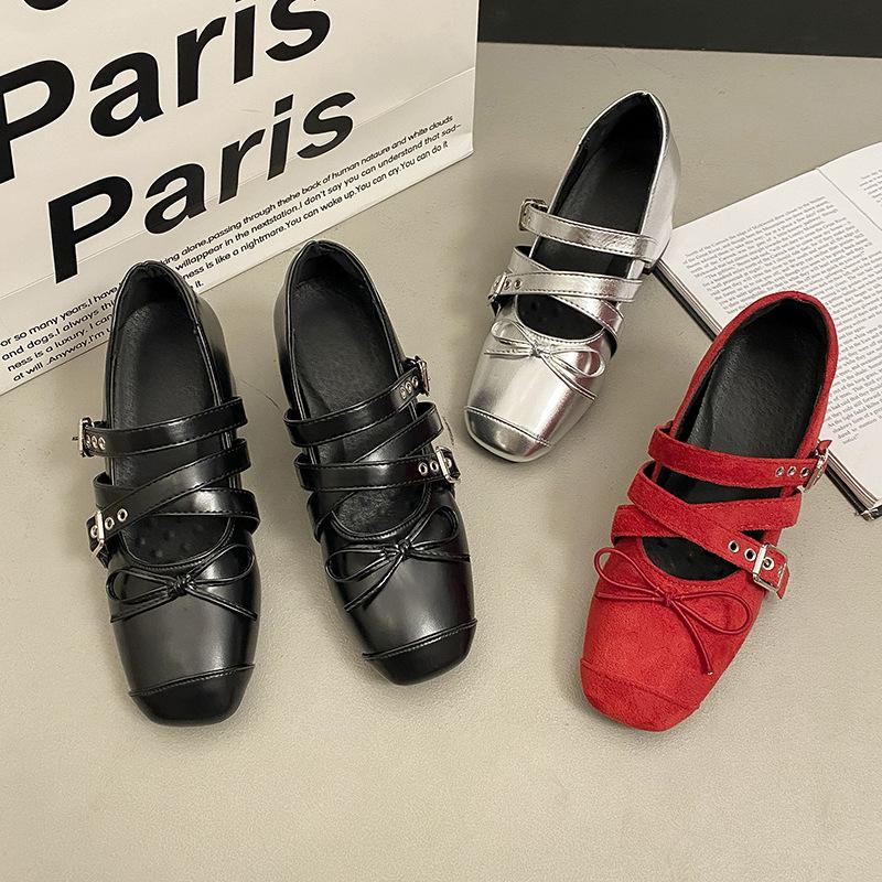Silver inner height increase Mary Jane shoes bow flat bottom new 6cm French single shoes women's summer ballet large size women's shoes