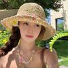 Sun Hat Pastoral Style Hand-Woven Flower Pattern Wide Brim Bucket Hat Vacation Leisure Sun Protection Hat