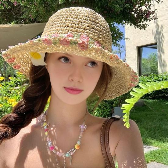 Sun Hat Pastoral Style Hand-Woven Flower Pattern Wide Brim Bucket Hat Vacation Leisure Sun Protection Hat