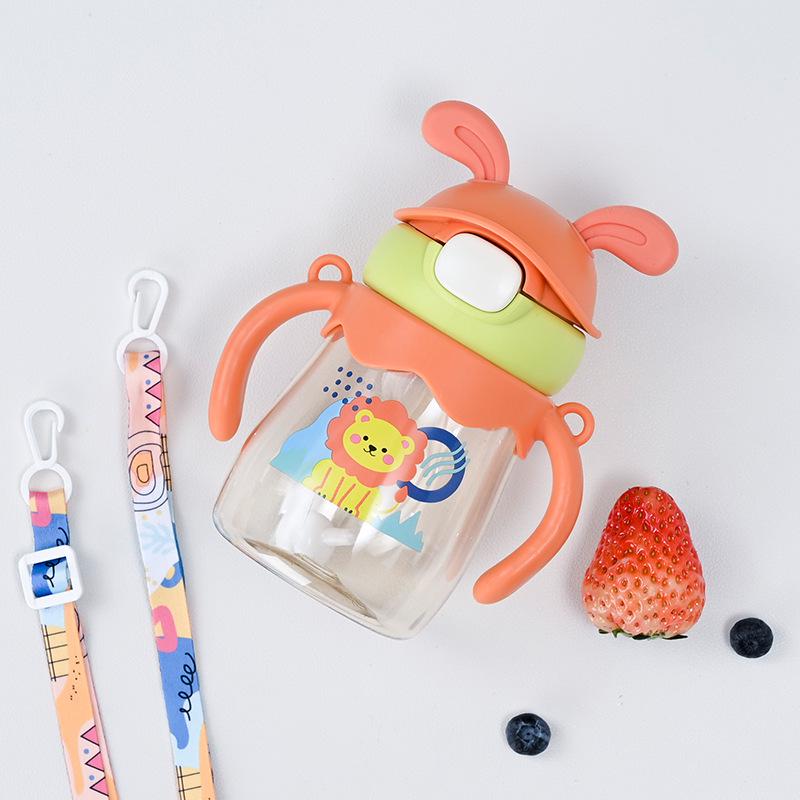 Kids' Cartoon Colorful Straw Water Bottle with Handle Strap - Portable Outdoor Plastic Cup