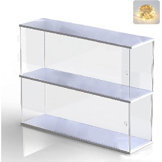 Clear Acrylic Display Shelf Case for Mini Funko Pop, Wooden Display Stand Riser 2 Layer Storage Rack for Decoration Action Figures Collectibles Toys,