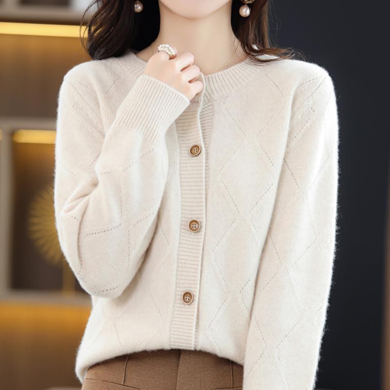 2025 Retro Diamond Lattice Knit Cardigan - Solid Color, Autumn/Winter, Round Neck