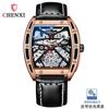 Mens Automatic Mechanical Watch Wine Barrel Skeleton Genuine Leather Waterproof 30M Luminous Casual Style