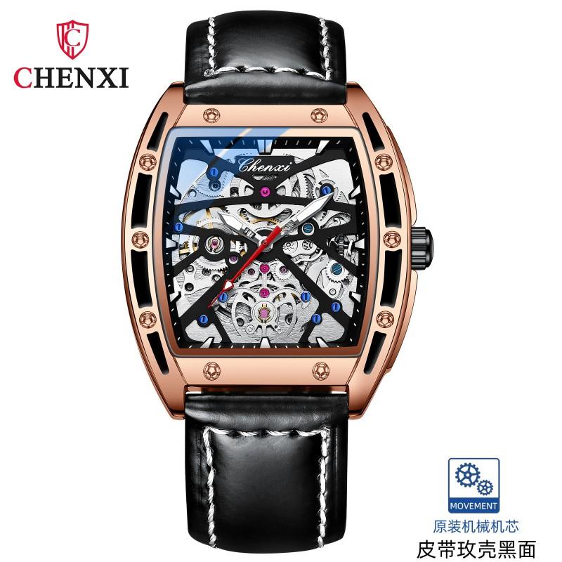 Mens Automatic Mechanical Watch Wine Barrel Skeleton Genuine Leather Waterproof 30M Luminous Casual Style