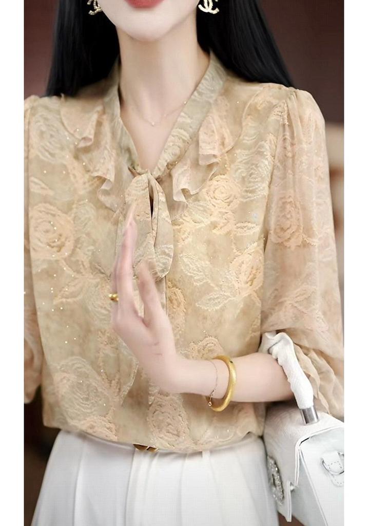 2026 Spring French Light Luxury Floral Tie-Up Three-Quarter Sleeve Top
