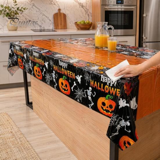 Halloween Party Decoration Happy Disposable Tablecloth, Spooky Pumpkin Ghost Skeleton Waterproof Oil-proof Tablecloth Table Cover for Kitchen