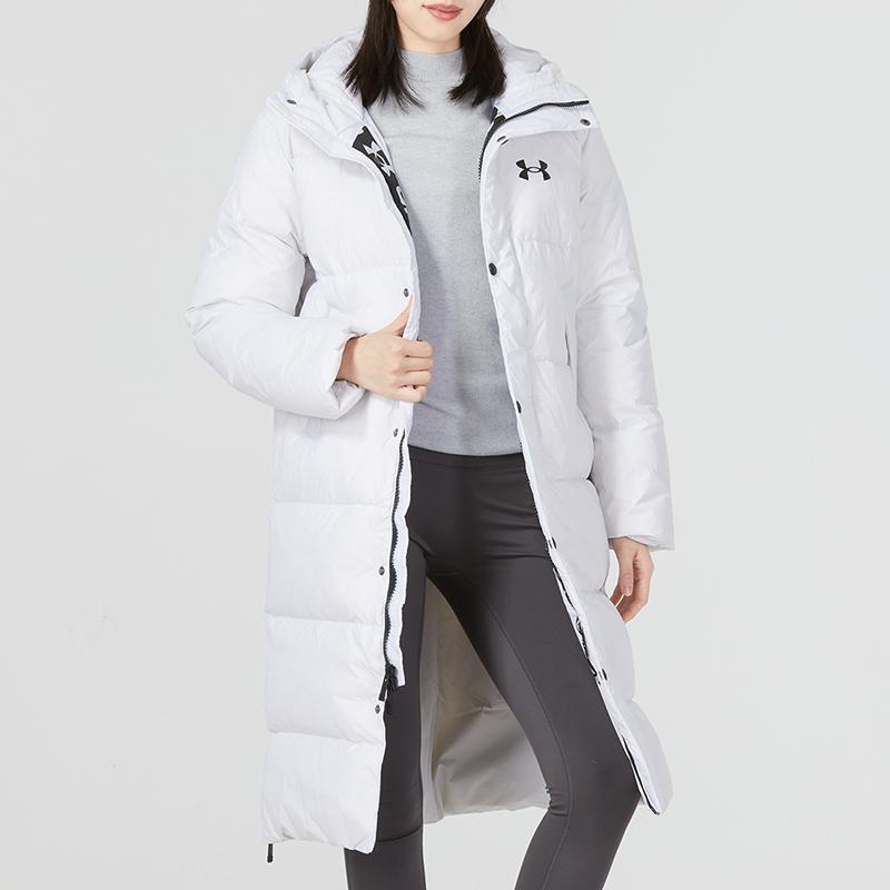 Under Armour Down Puffer Parka Solid Logo Print Sports Casual Long Down Jacket Women Outerwear White 1375454-100