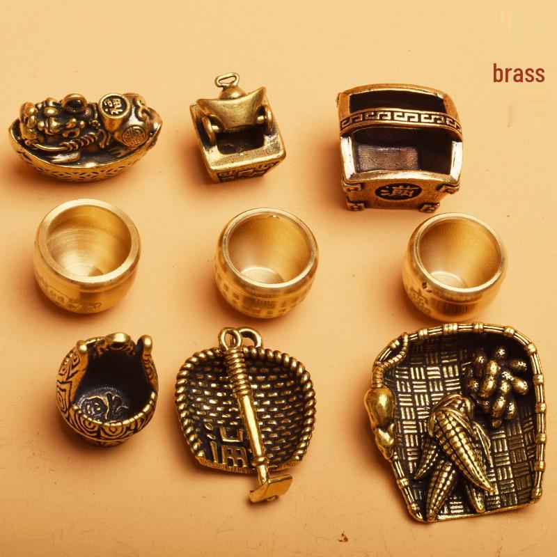 Brass Pendant Keychain: Winnowing Basket & Yuanbao Pixiu Amulet with Hundred Blessings Jar (Gold & Silver Filled)