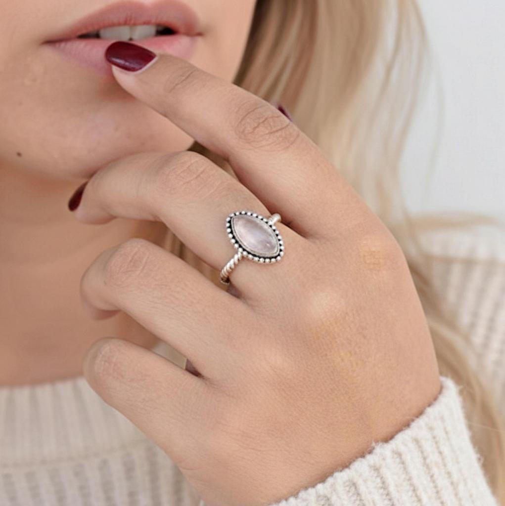 Minimalist Marquise Rose Quartz Statement Ring, 925 Sterling Silver, Bohemian Jewelry for Women