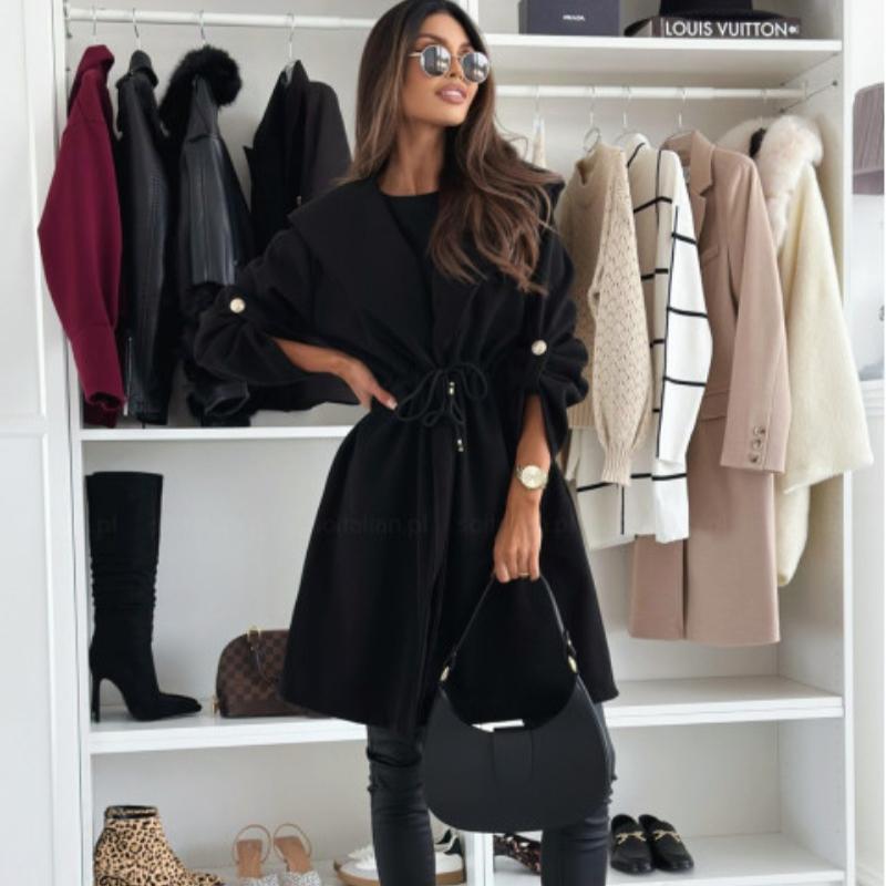 New Autumn Long Sleeve Casual Woolen Coats Women Winter Outwears Plus Size Jacket Women Fashion Solid Warm Drawstring Loose Jackets Coat 24996