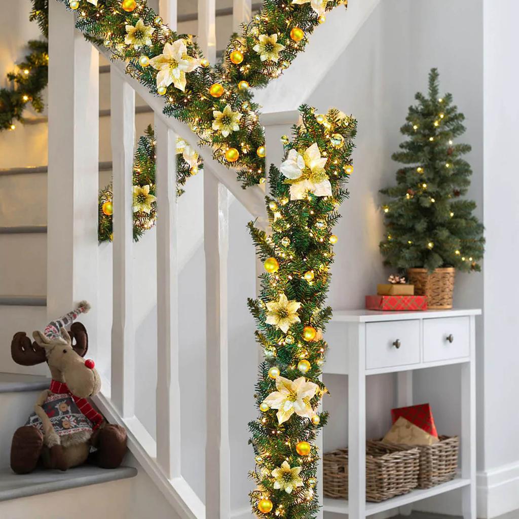 8.9ft Artificial Xmas Garland with Balls Flower for Holiday Home Stairs Fireplace Front Porch Door Display Indoor