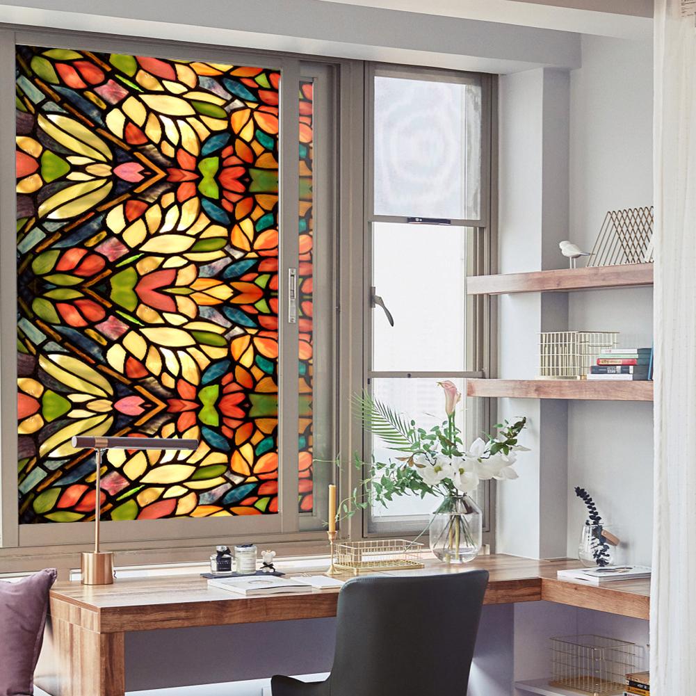 Retro Flower Stained Glass Window Film Removable Bathroom Window Film Window Decals Static Clings